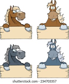 Horses Over Wooden Blank Sign. Vector Collection Set