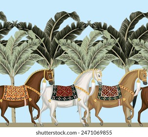 Horses and palms seamless border. Oriental animal wallpaper.