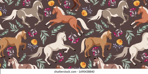 Patrón de caballos. Caballos silvestres, flores forestales y ramas de árboles. Patrón de caballos marrones. Patrón de caballo oscuro. Ilustración moderna. Hermoso diseño transparente para envolver papel, textil, web.