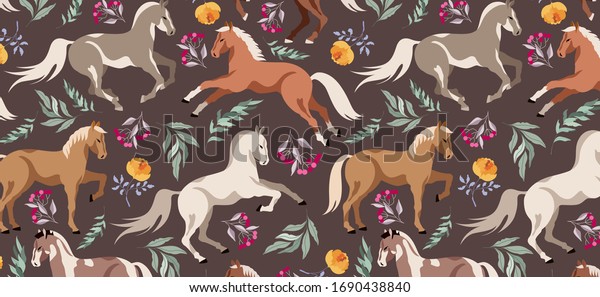 Horses pattern. Wild horses and forest flowers and tree branches. Earthy brown horse pattern. Dark horse pattern. Modern illustration. Beautiful design for wrapping paper, textile, web.