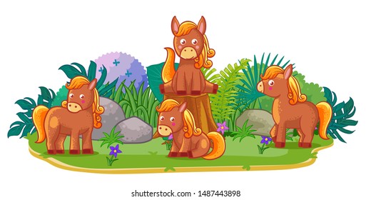 horses are playing together in the garden