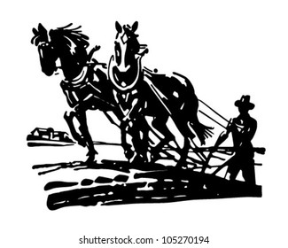 Horses Plowing Field - Retro Clipart Illustration