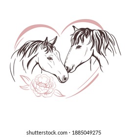 Horses portrait with flowers, peonies. Couple in love, heart.  Illustration. Vector. Sketch hand drawn. Graphics, giclee, invitation