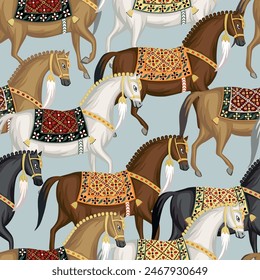 Horses prancing seamless pattern. Oriental animal wallpaper.	