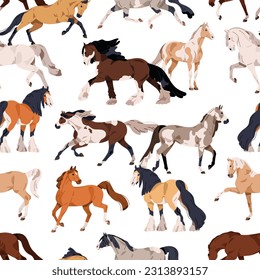 Impresión de caballos, patrón sin fisuras. Diseño de fondo equino sin fin, razas de sementales. Fondo repetitivo, textura con manada de animales. Ilustración vectorial plana imprimible para textiles, tejidos, envoltura