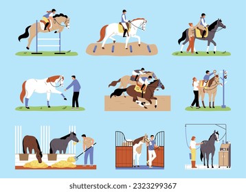 Horses and professional jockeys participating in competition on hippodrome flat color set isolated vector illustration