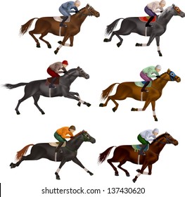 horses at the races, with different colors, riders