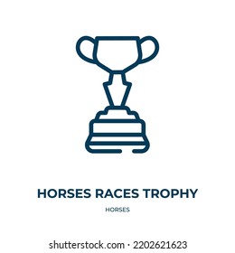 Icono de trofeo de carreras de caballos. Ilustración vectorial lineal de la colección de caballos. El contorno de caballos corona el vector de trofeo. Símbolo de línea delgada para uso en aplicaciones web y móviles, logotipo, medios impresos.