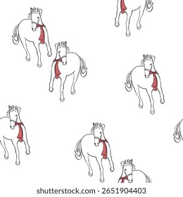Cavalos com fita arcos vetor padrão sem emenda para tecido, envoltório. Design festivo de Natal. Ilustração de arte desenhada à mão de animais selvagens
