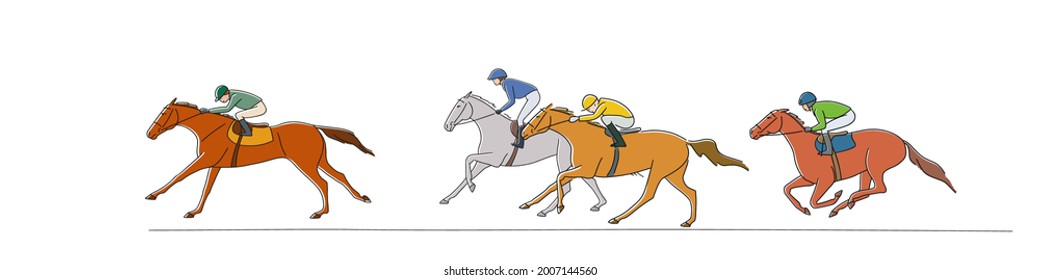 Horses and riders during a race, vector editable images