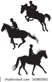 Horses and riders, Equestrian sport vector silhouettes, Show jumping, Dressage, Derby, racing, The Sport of Kings