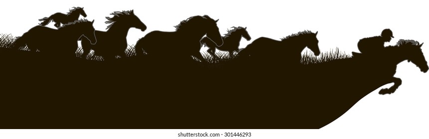 Horses run for the horse and rider. black and white drawing of horses running on the field