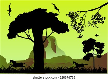  Horses running 2 big trees Silhouettes illustration