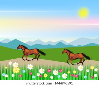 Horses running across the field