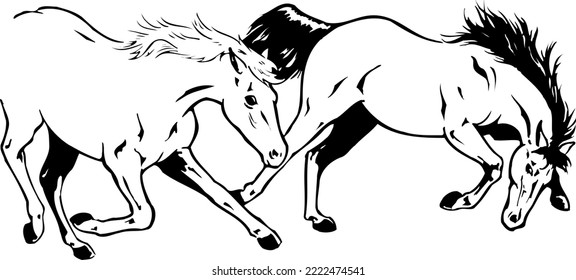 Horses Running Black and White Vector Illustration