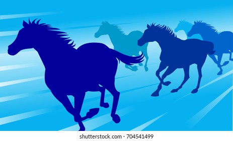 Horses running in blue background