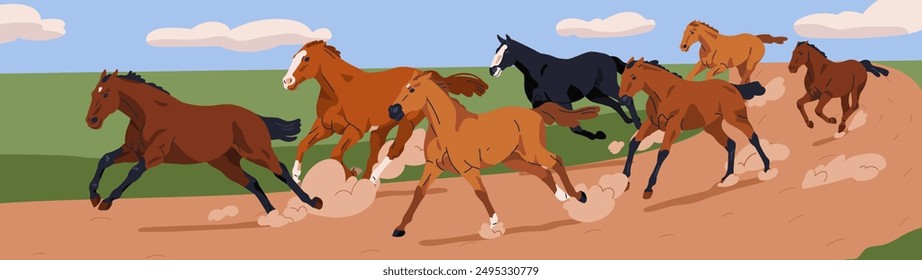 Horses running, country nature landscape. Galloping stallions in countryside. Untamed free equines herd, group racing, rushing on ground road at fast speed, panorama. Flat vector illustration