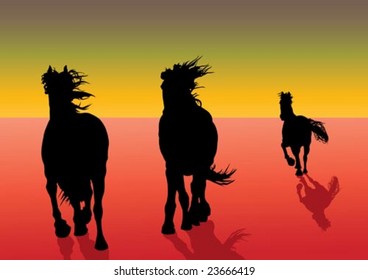 horses running in a futuristic colorful landscape