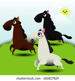 Horses running in grassland