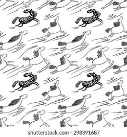 Horses seamless pattern. Black and white doodle background with cute running pets. Design with animals in children's style. Vector illustration for surfaces, textile, wallpapers, wrapping