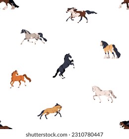 Horses, seamless pattern design. Stallion breeds, endless background. Steeds animals in action, motion, repeating print. Colored flat vector illustration for decoration, wallpaper, wrapping, textile
