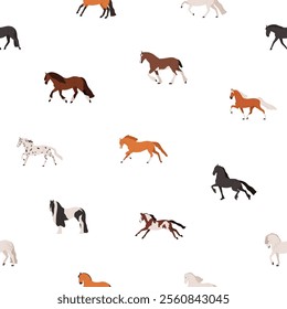 Horses, seamless pattern. Equine animal background, endless repeating print. Texture with tiny thoroughbred stallions profiles for fabric, wrapping, wallpaper design. Flat vector illustration