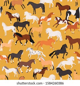 Horses seamless pattern flat vector illustration. Mare and stallion of different breeds on yellow background. Farm animal backdrop. Equine texture. Wallpaper, wrapping paper design.