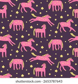 Horses Seamless pattern. Hand drawn horse illustration. Chinese zodiac year, cute pony characters, animals for print, New year 2026