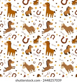 Horses, seamless pattern of a horse background with different horses in brown colours, horseshoe and hearts. Seamless pattern for children's textiles and horse lovers.