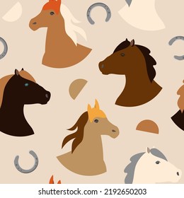 Horses seamless pattern, print. Brown horses or ponies  with horseshoes. Minimalist, modern, stylish, flat illustration for fabric, textile, paper, cover, interior.