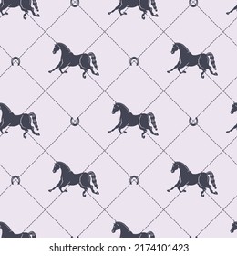 Horses seamless pattern. Stitching quilted fabric style. Vector repeat equestrian pattern fits well for print fabric. Buttoned pattern background with horses and horseshoes like buttons