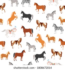 Horses seamless pattern vector illustration. Cartoon flat herbivorous ungulates diverse includes horse, pony, zebra donkey running or standing. Farm domestic, circus and wild animal wallpaper design