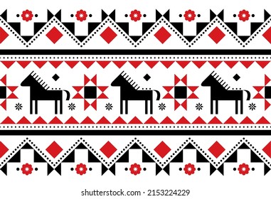 Horses seamless vector pattern - Ukrainian Hutsul Pysanky (Easter eggs) folk art style, geometric red and black textile or farbic print. Traditional long horizontal ornamental design from Ukraine