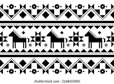 Horses seamless vector pattern - Ukrainian Hutsul Pysanky (Easter eggs) folk art style, geometric black and white textile or farbic print. 
Traditional long horizontal ornamental design 