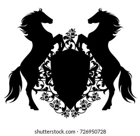 horses with shield among rose flowers - black animals with heraldic vector design elements over white