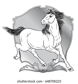 Horses with shields design - animals with heraldic design elements.
