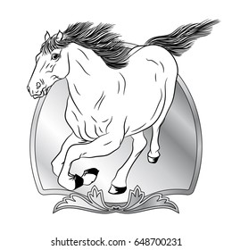 Horses with shields design - animals with heraldic design elements.