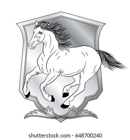 Horses with shields design - animals with heraldic design elements.