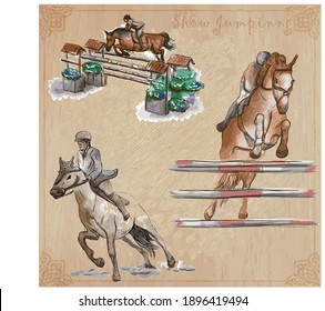 HORSES - Show Jumping. Editable collection of an hand drawn vector illustrations. Freehand sketching, Line art.