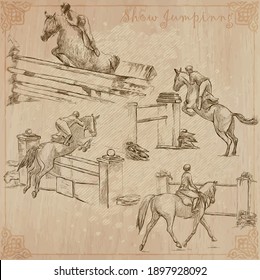 HORSES - Show Jumping. Editable collection of an hand drawn vector illustrations. Freehand sketching, Line art.