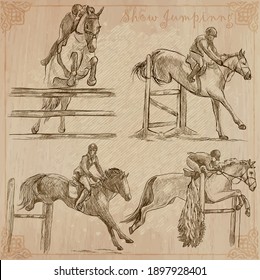 HORSES - Show Jumping. Editable collection of an hand drawn vector illustrations. Freehand sketching, Line art.