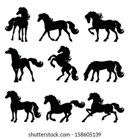 Horses silhouette collection, isolated icon set, vector illustration.