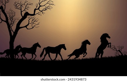 Horses silhouette in grass, meadow over sunset sky in forest landscape vector illustration background.