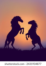 Horses silhouette in grass, meadow over sunset sky in forest landscape vector illustration background.