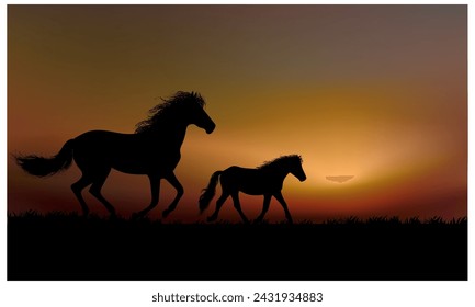 Horses silhouette in grass, meadow over sunset sky in forest landscape vector illustration background.