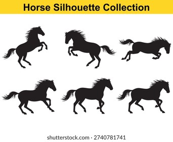 Horses silhouette set with six running, rearing and galloping poses, black equine shapes isolated on white background for logo, clipart, tattoo and design use