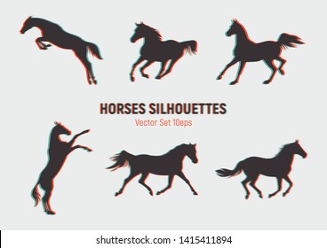 Siluetas de caballos con efecto de destello. Ilustración del vector ecuestre.