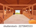 Horses stable. Cartoon barn inside interior, shed with wooden enclosures for purebred racing horse or livestock, indoor farmhouse ranch, ingenious vector illustration of inside building barn