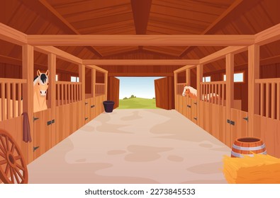 Horses stable. Cartoon barn inside interior, shed with wooden enclosures for purebred racing horse or livestock, indoor farmhouse ranch, ingenious vector illustration of inside building barn