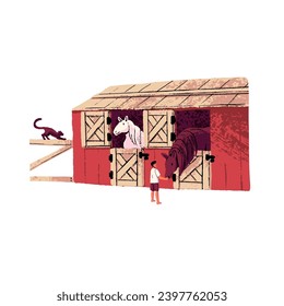 Horses standing, rest in stabling. Kid hand feeding, stroking, love farm animals. Building for livestock on farmyard. Countryside lifestyle. Flat isolated vector illustration on white background